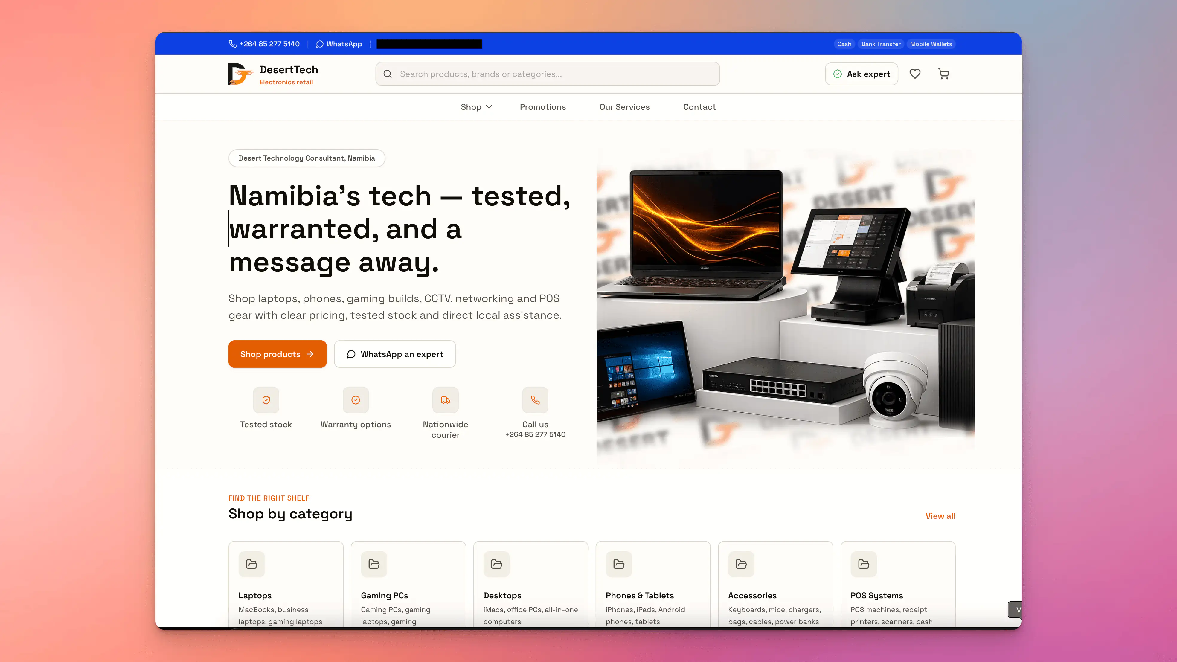 Desert Technology responsive e-commerce homepage displaying technology products, services, categories, and customer enquiry actions.