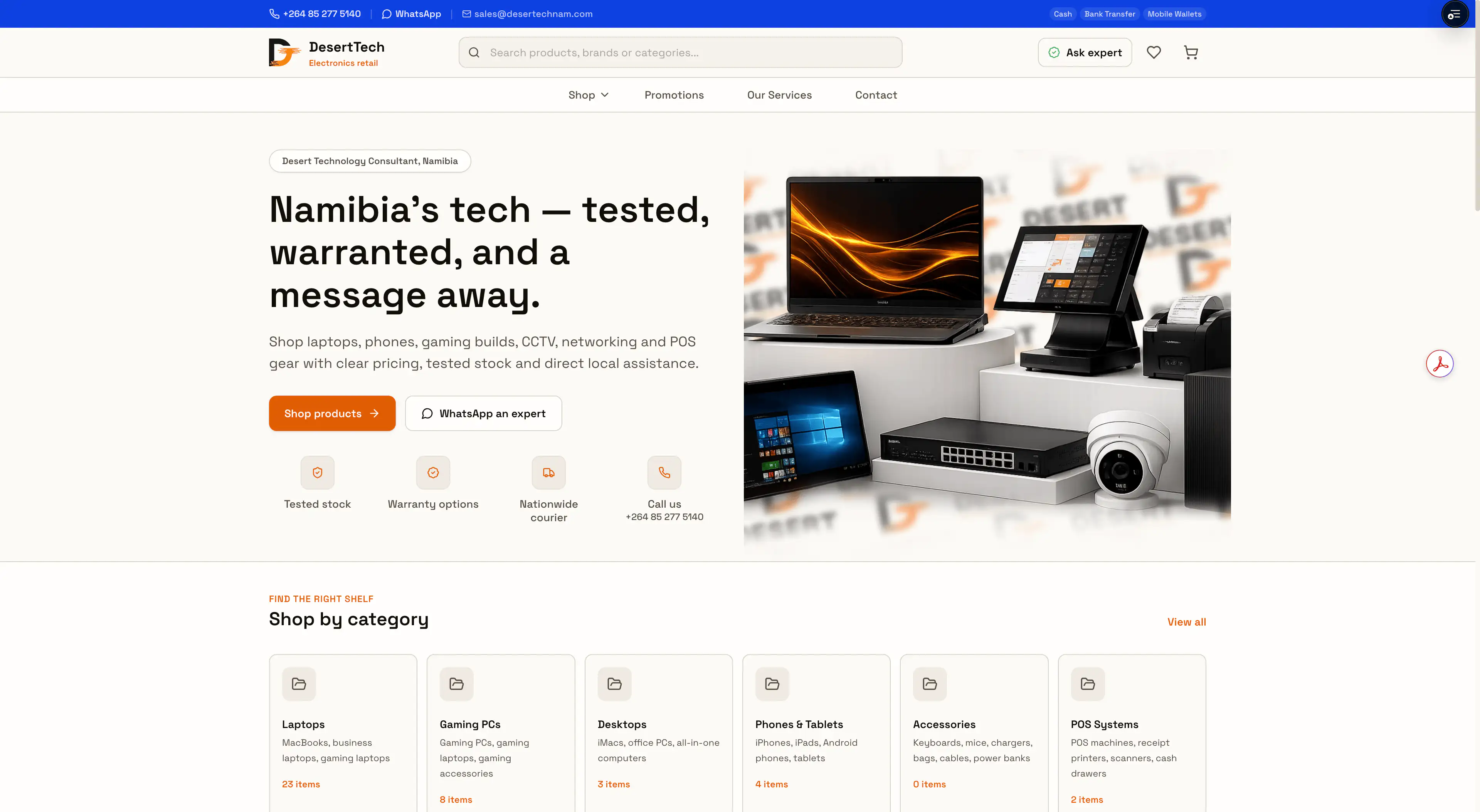 Desert Technology responsive e-commerce homepage displaying technology products, services, categories, and customer enquiry actions.