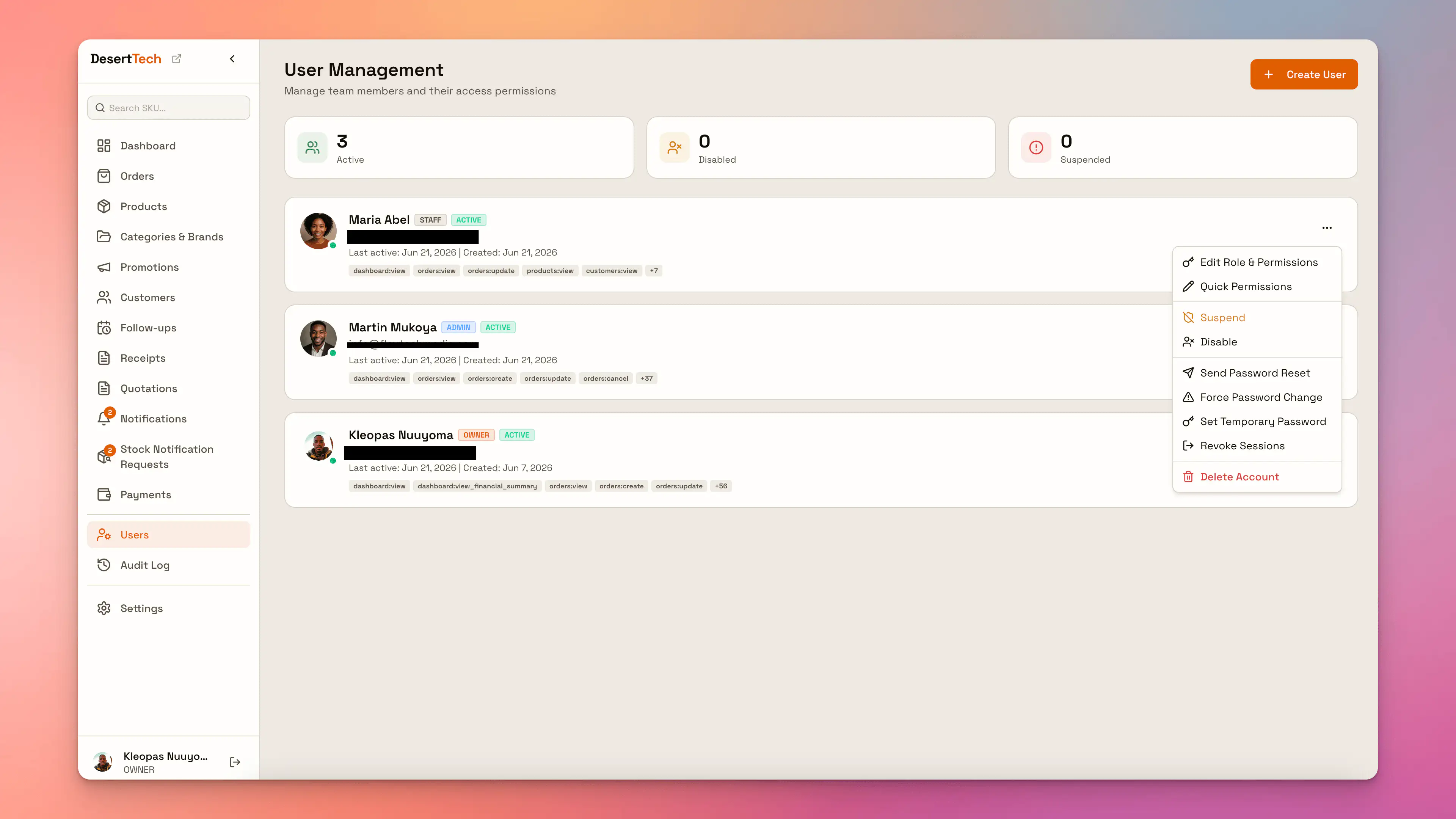 Desert Technology customer or order management interface displaying organised customer and transaction records.