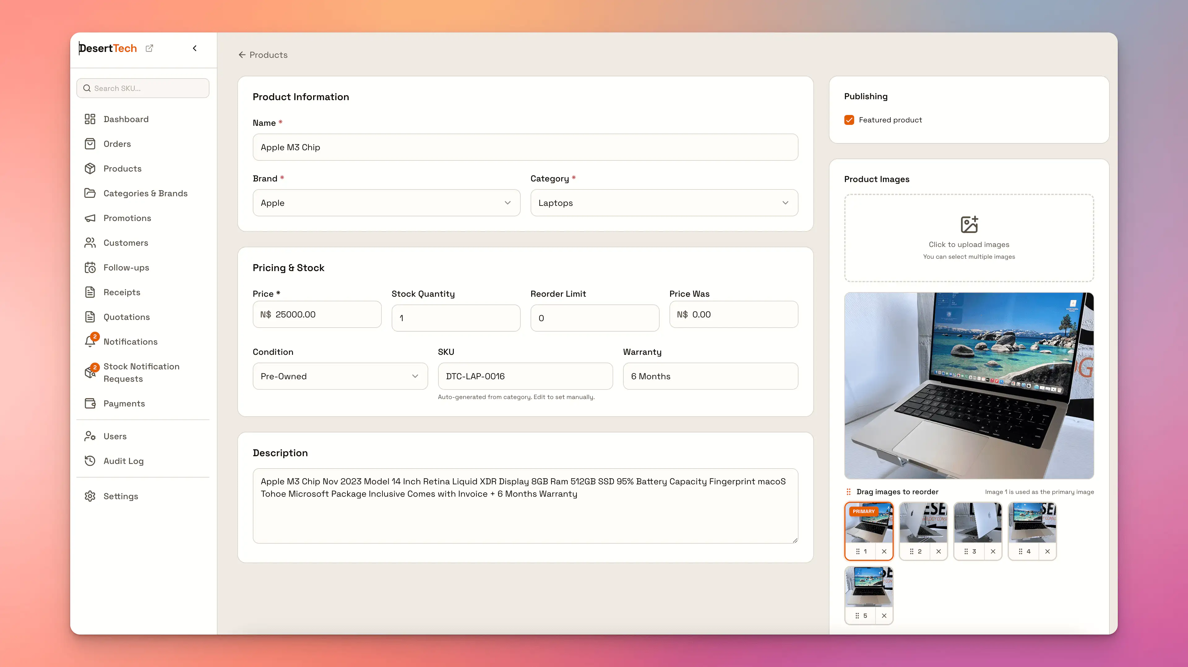 Desert Technology product management page showing product listings, stock information, prices, and administrative actions.