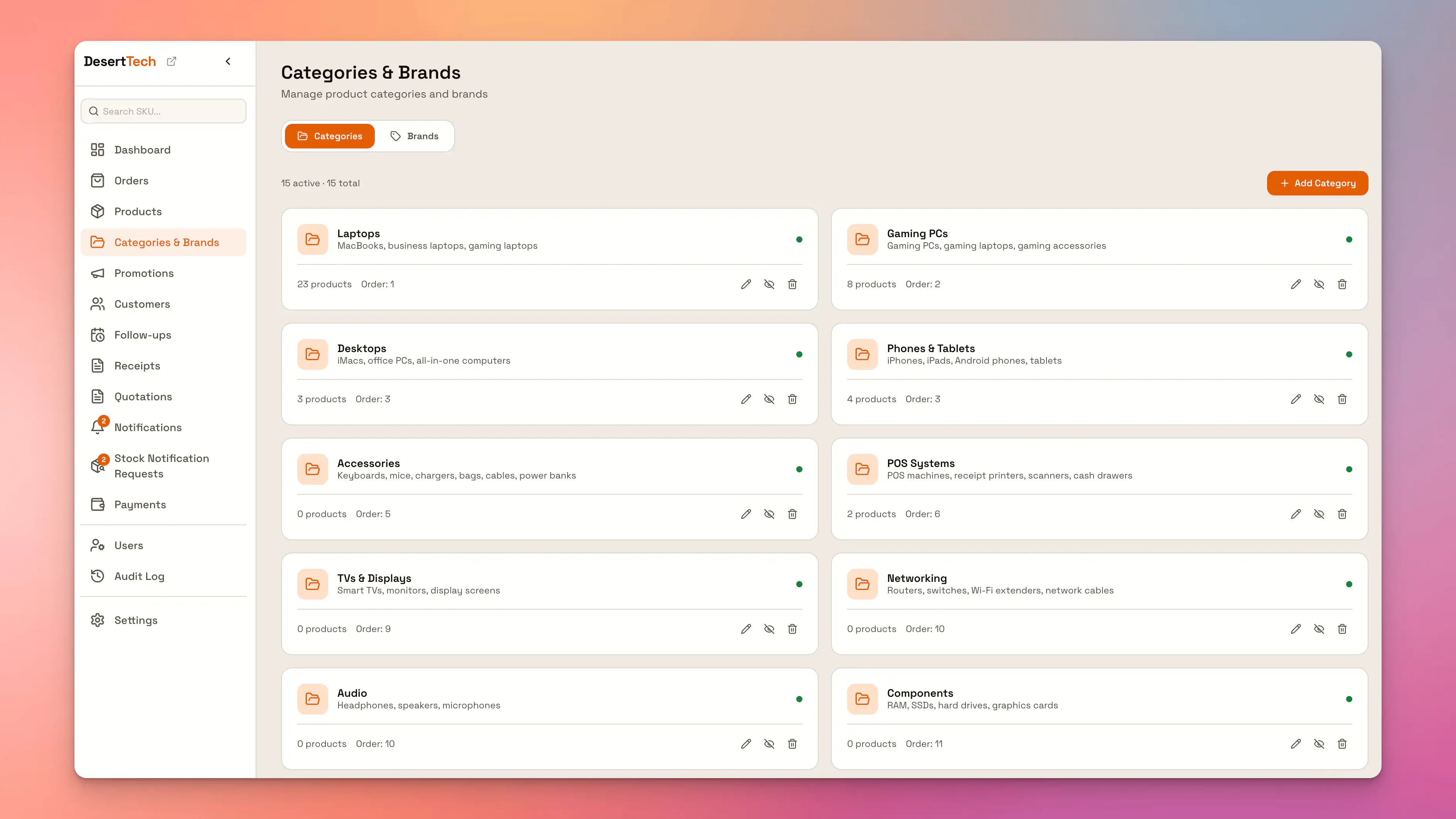 Desert Technology project form showing product information, pricing, categories, images, and stock settings.